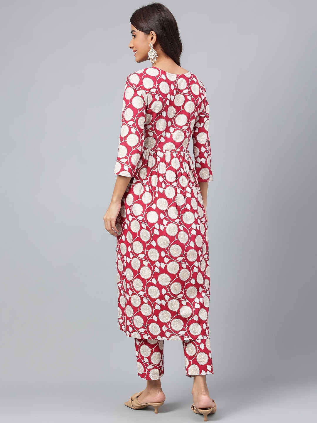 Maroon Cotton Floral Printed Casual Kurta Set