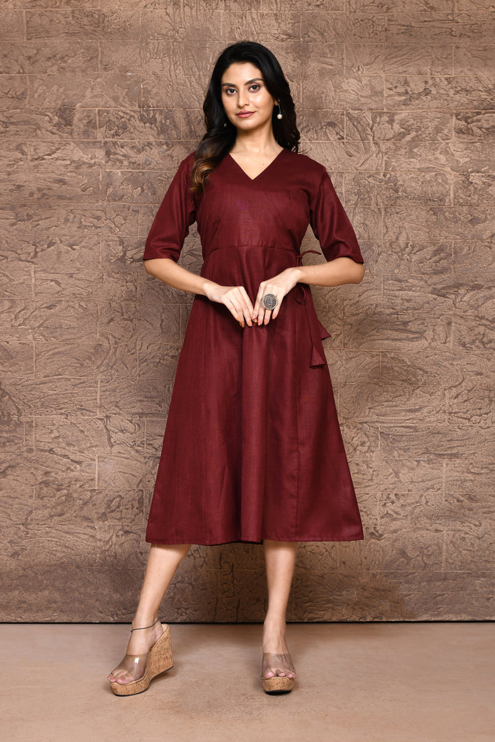 Maroon Cotton Slub Angrakha Style Midi Dress