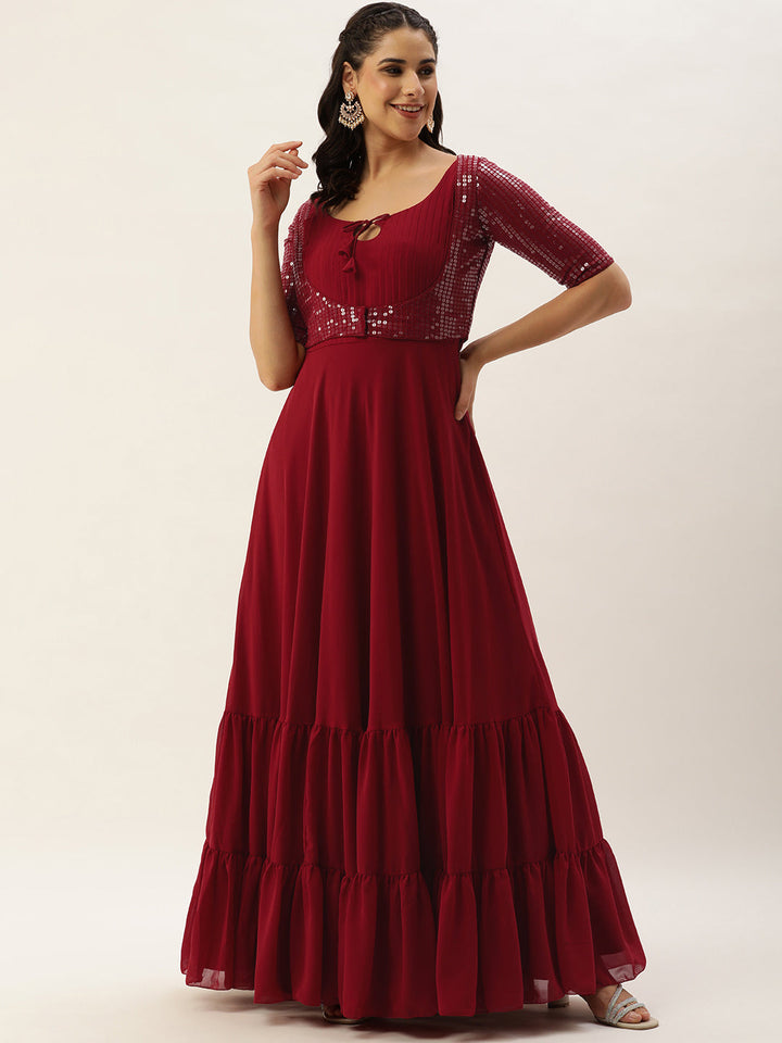 Maroon Embroidered Georgette Jacket Style Gown