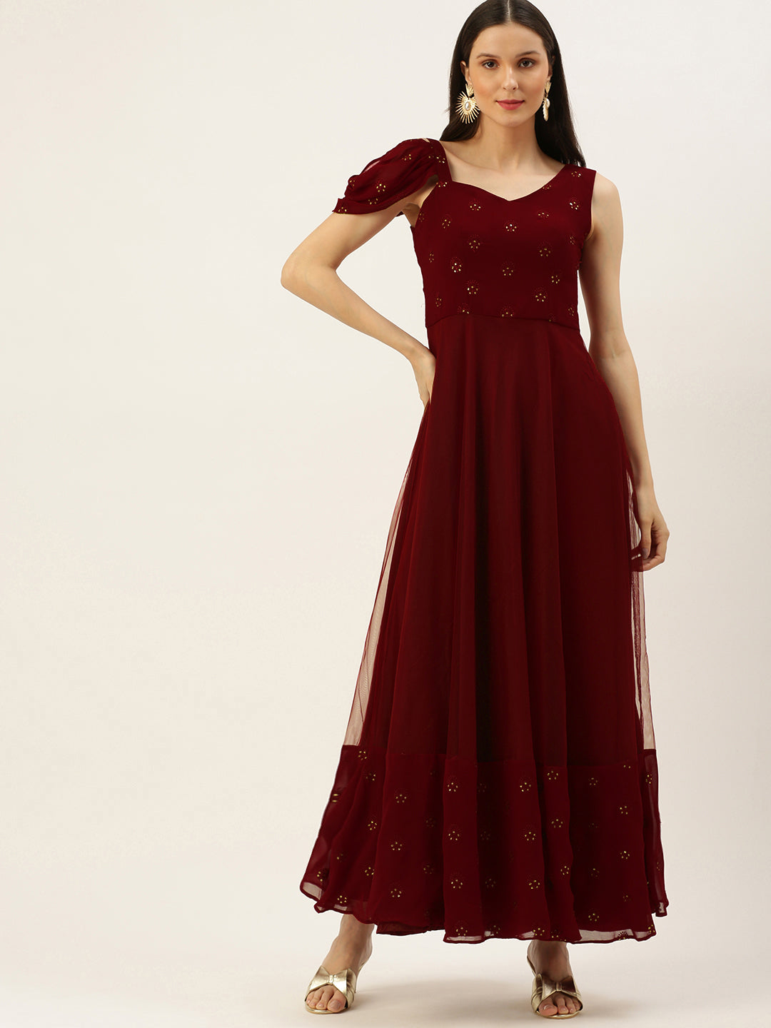 Maroon-Embroidered-One-Shoulder-Gown