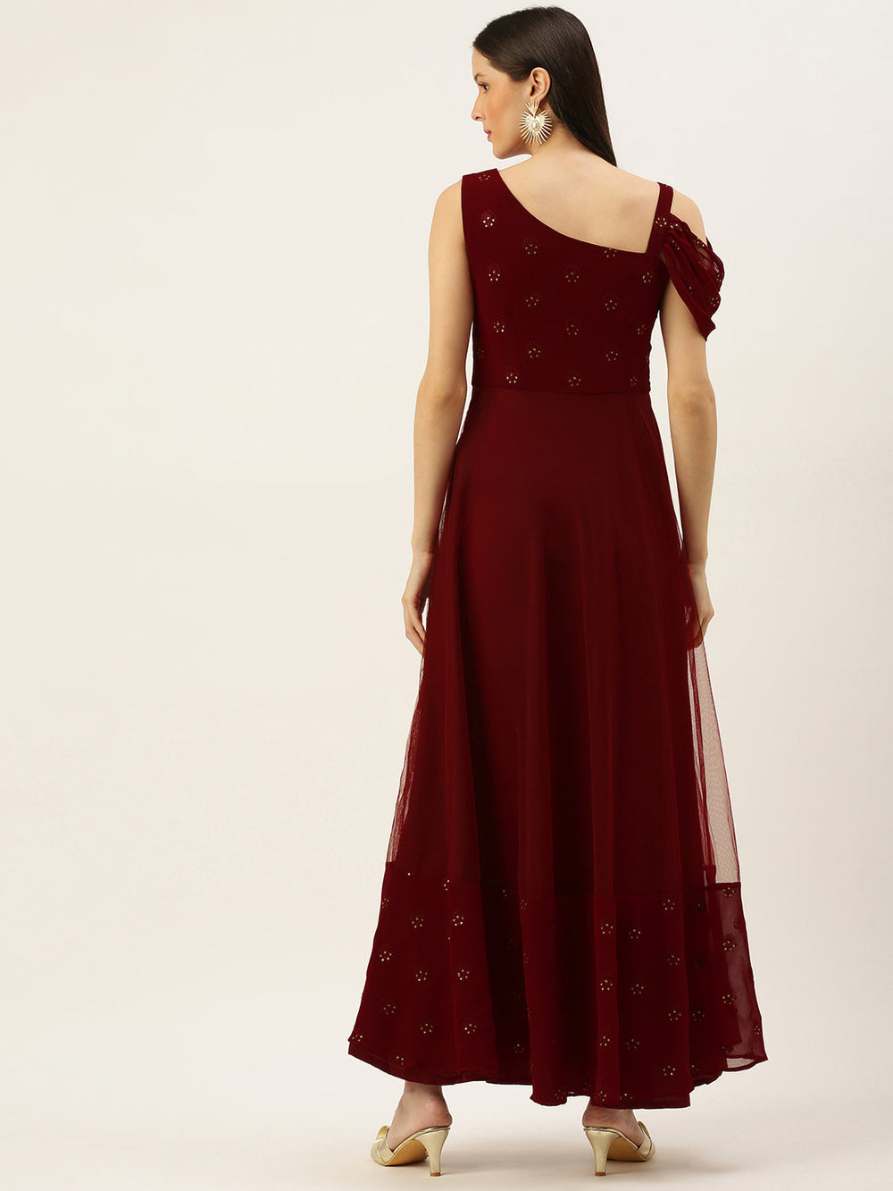 Maroon-Embroidered-One-Shoulder-Gown