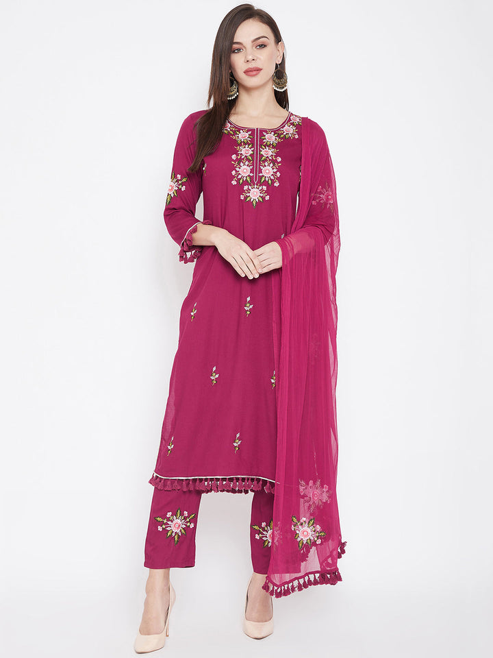 Maroon Embroidery Kurta With Trousers Dupatta