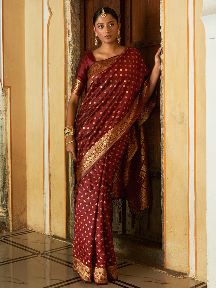 Maroon Ethnic Motifs Woven Design Banarasi Silk Festive Saree