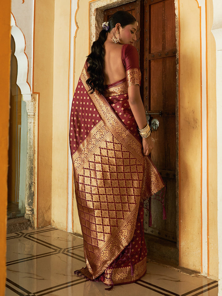 Maroon Ethnic Motifs Woven Design Banarasi Silk Festive Saree