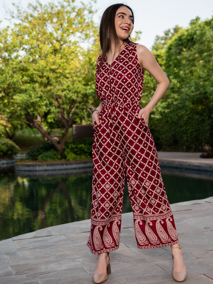 Maroon Front Buttoned Jumpsuit