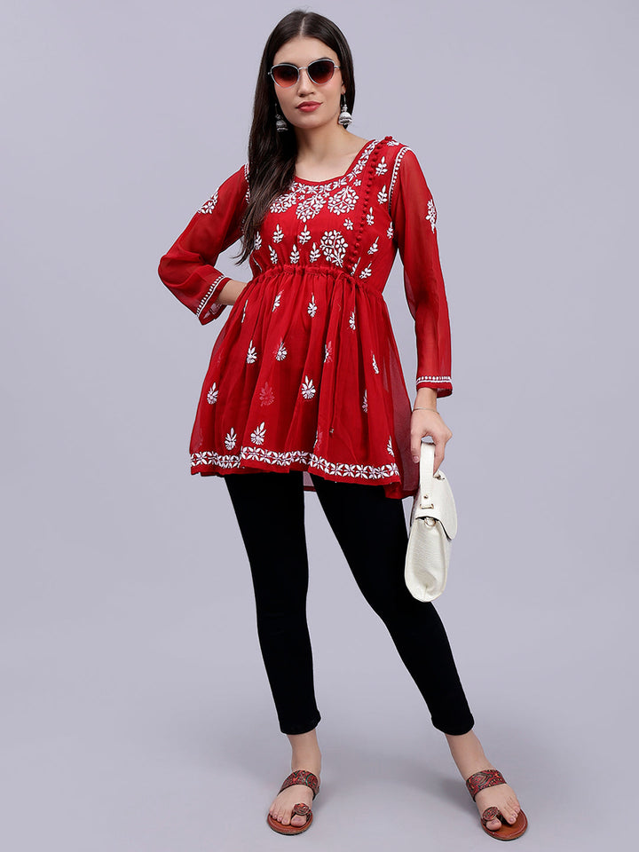 Maroon Georgette Angarkha Chikankari Tunic Top With Slip