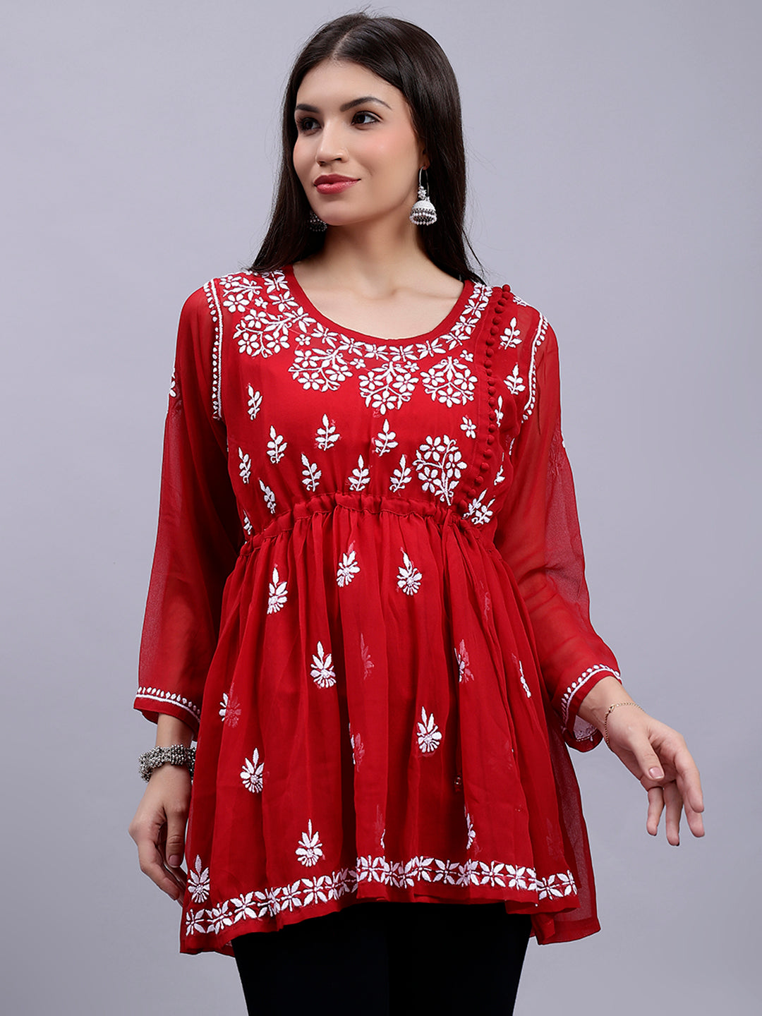 Maroon Georgette Angarkha Chikankari Tunic Top With Slip