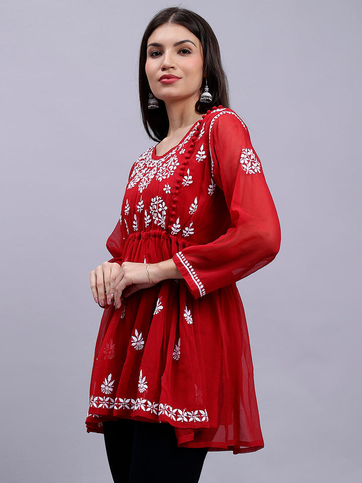 Maroon Georgette Angarkha Chikankari Tunic Top With Slip