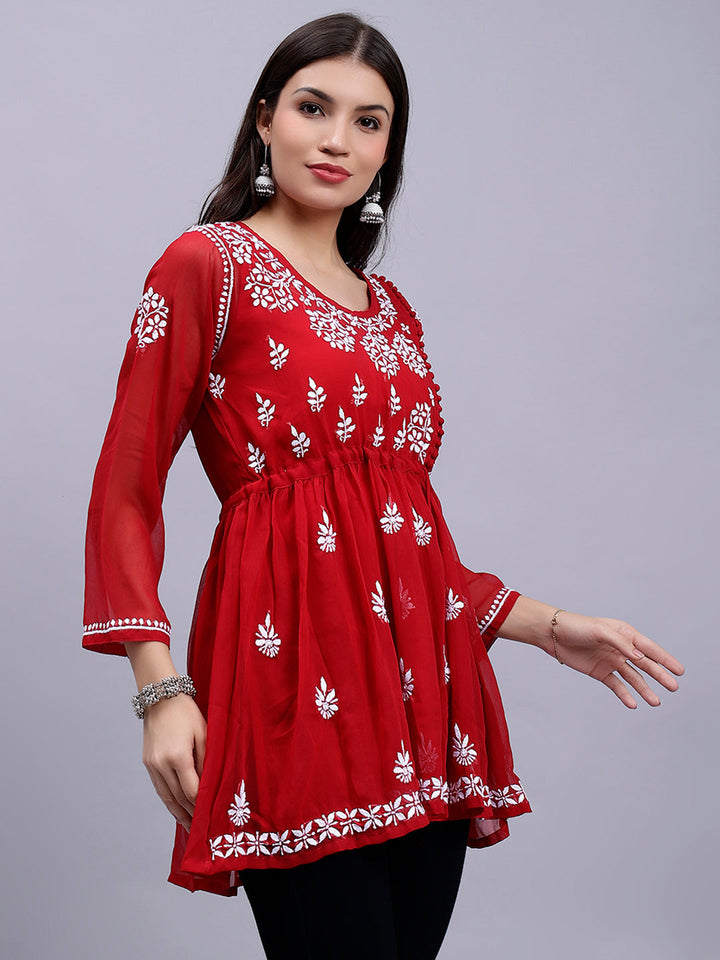 Maroon Georgette Angarkha Chikankari Tunic Top With Slip