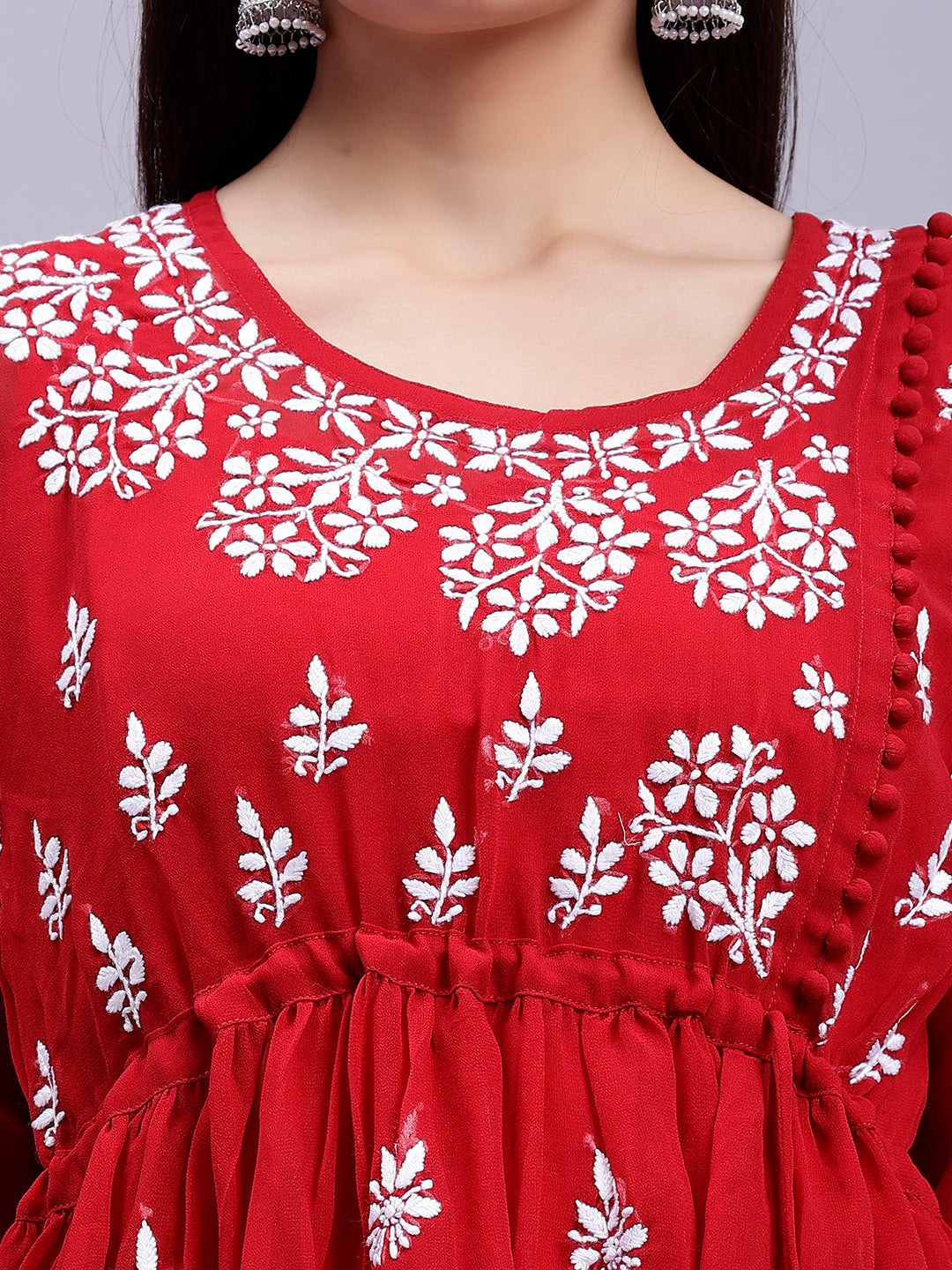 Maroon Georgette Angarkha Chikankari Tunic Top With Slip