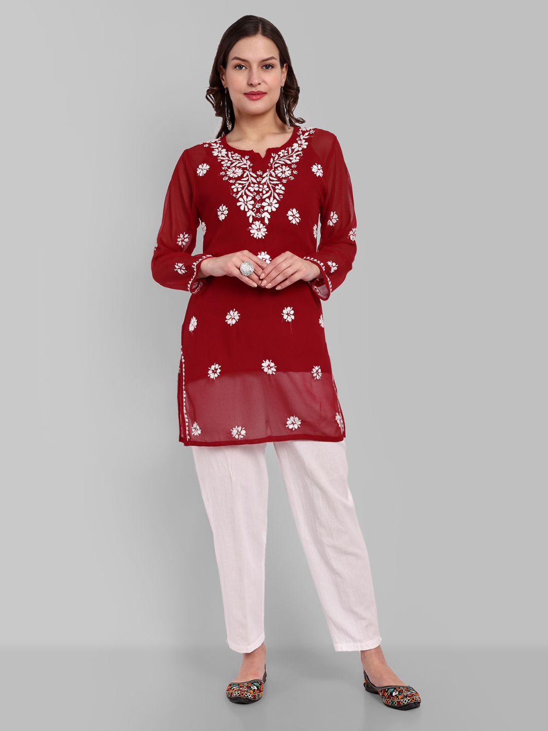 Maroon Georgette Ghaspatti Chikan Tunic Kurti & Slip
