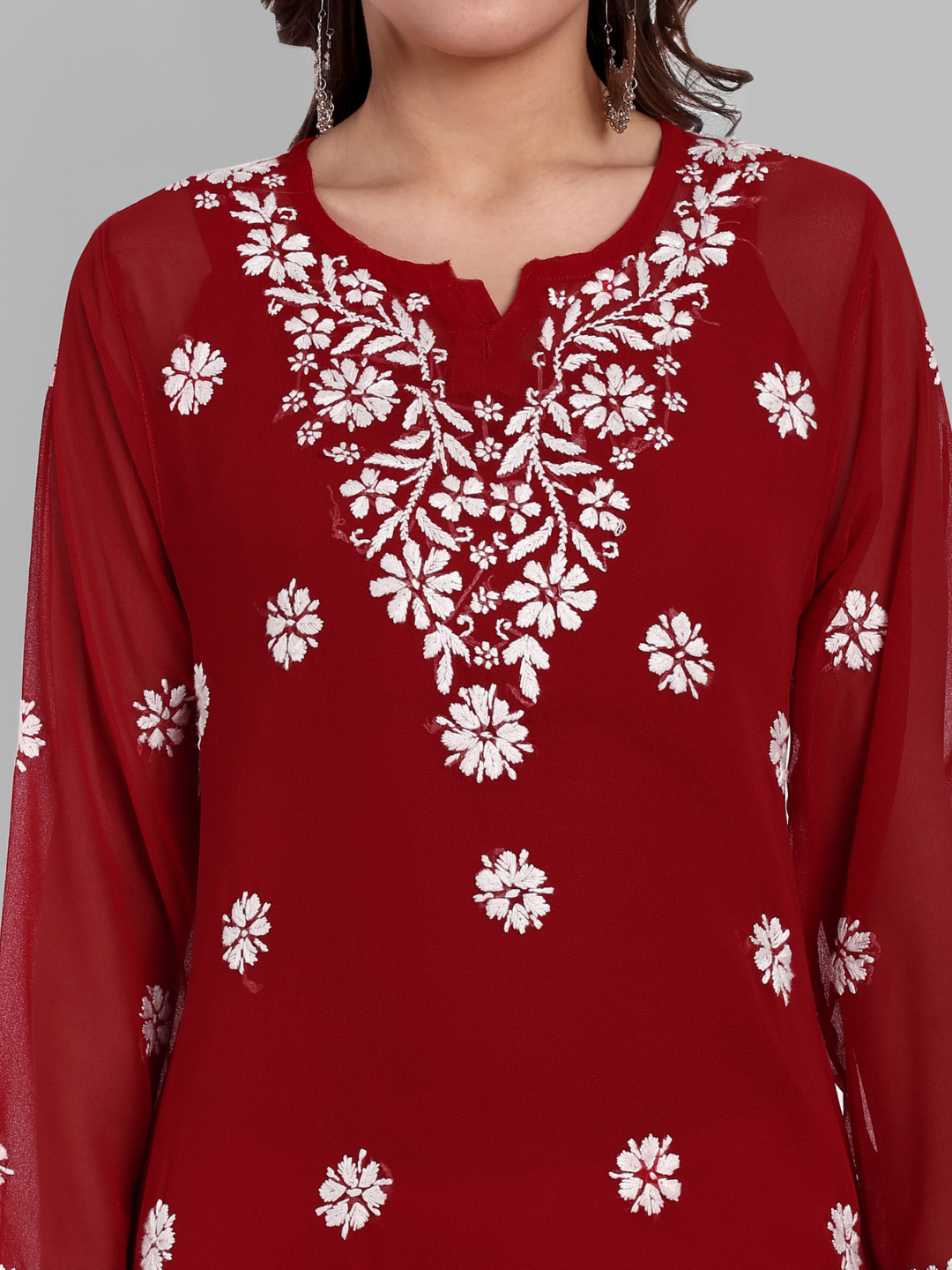 Maroon Georgette Ghaspatti Chikan Tunic Kurti & Slip