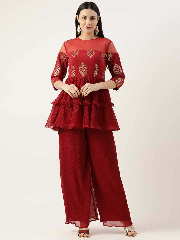 Maroon-Georgette-Sequins-Wide-Leg-Pant-Set