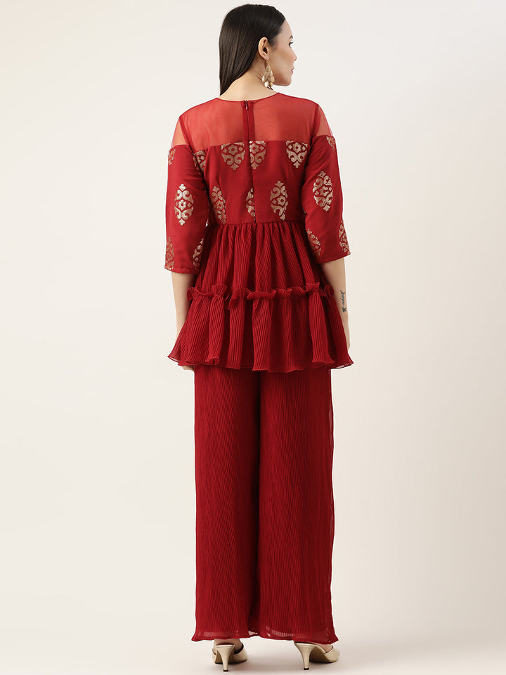 Maroon-Georgette-Sequins-Wide-Leg-Pant-Set