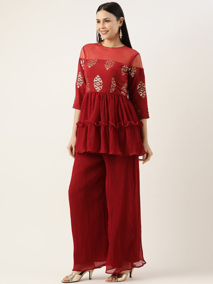 Maroon-Georgette-Sequins-Wide-Leg-Pant-Set