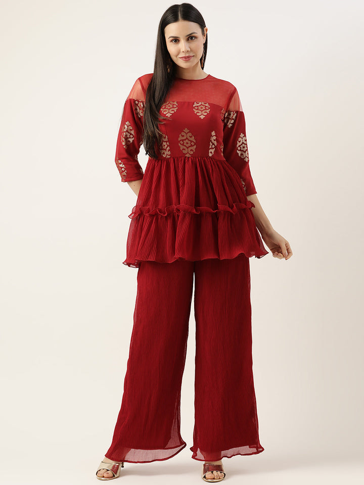 Maroon-Georgette-Sequins-Wide-Leg-Pant-Set