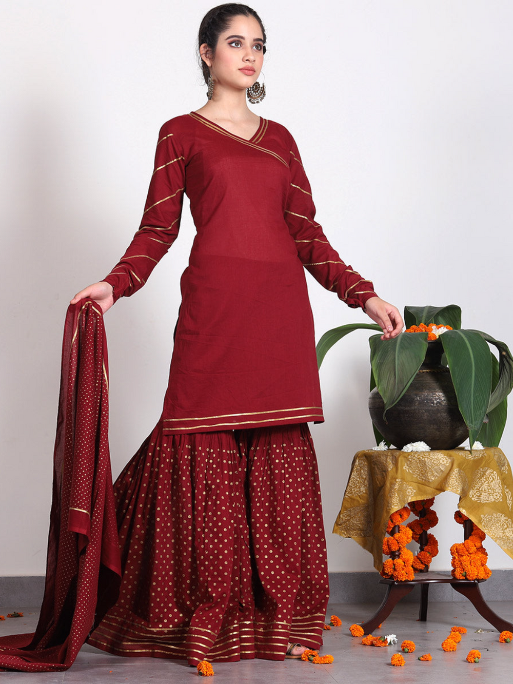 Maroon Gold Printed Kurta Gharara Dupatta Set