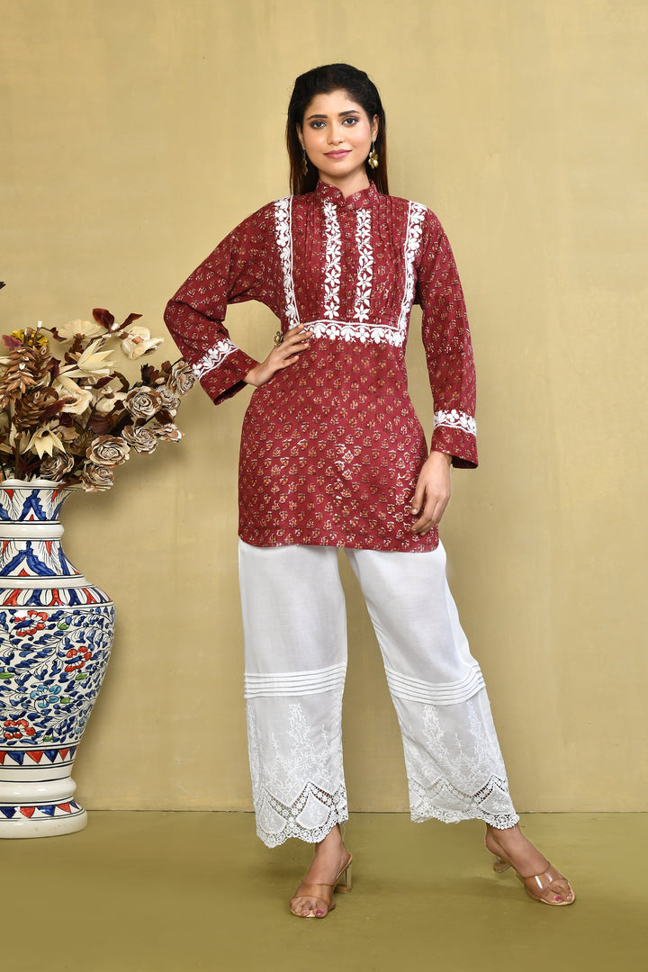 Maroon Handblock Printed Chikankari Short Kurta