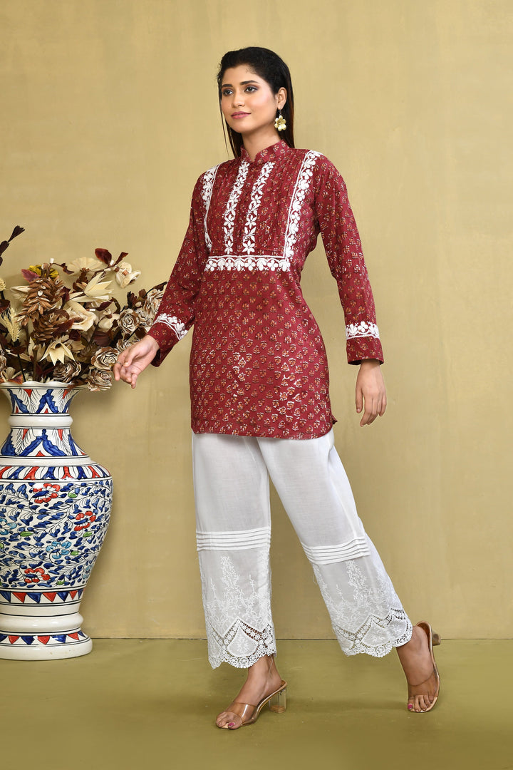 Maroon Handblock Printed Chikankari Short Kurta