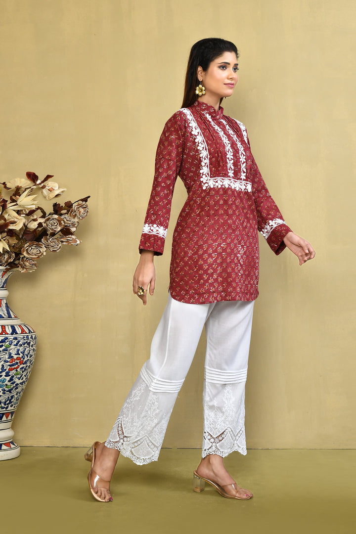 Maroon Handblock Printed Chikankari Short Kurta