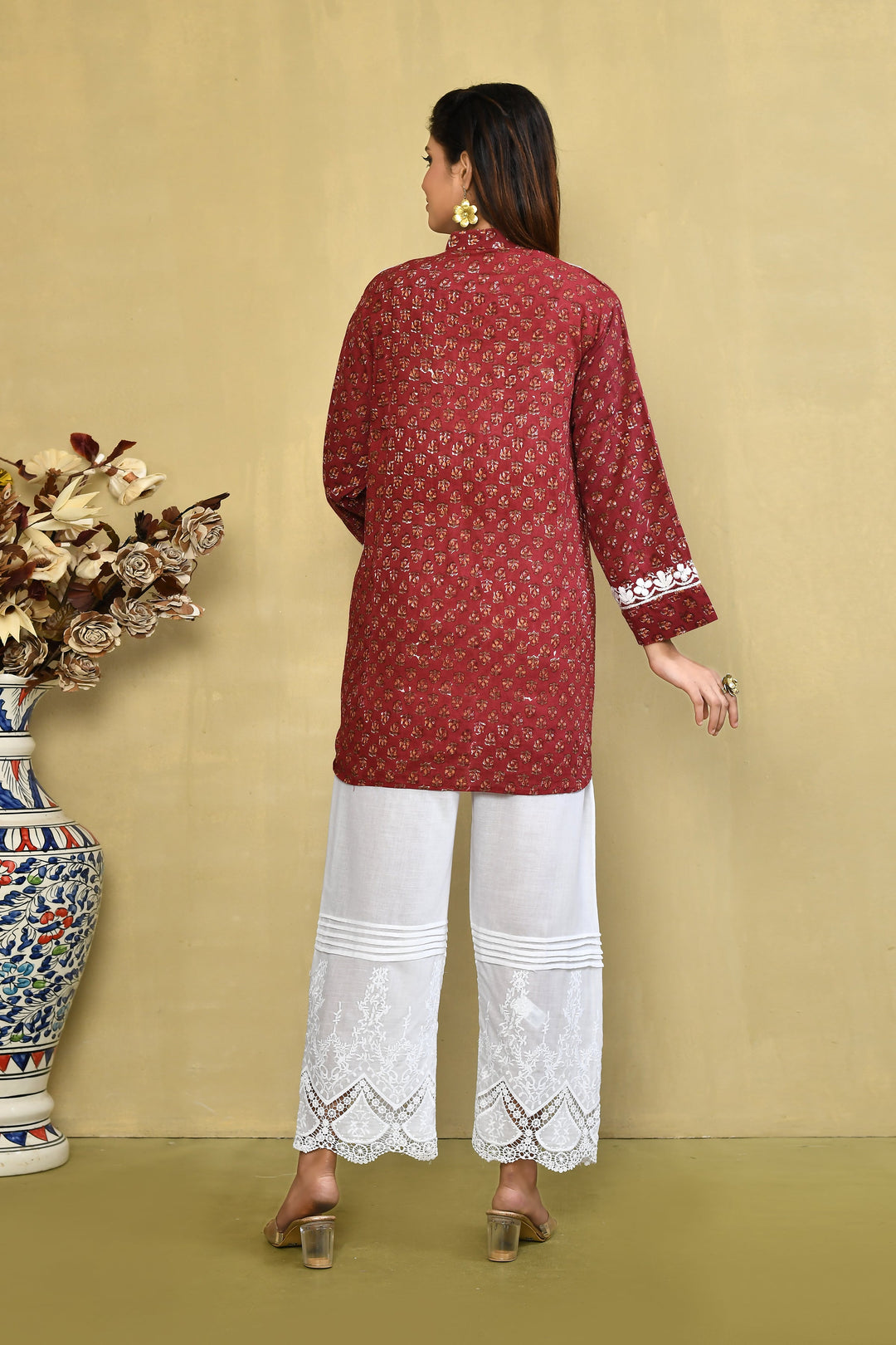 Maroon Handblock Printed Chikankari Short Kurta