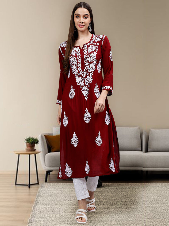 Maroon-Modal-Hand-Embroidered-Chikankari-Kurta