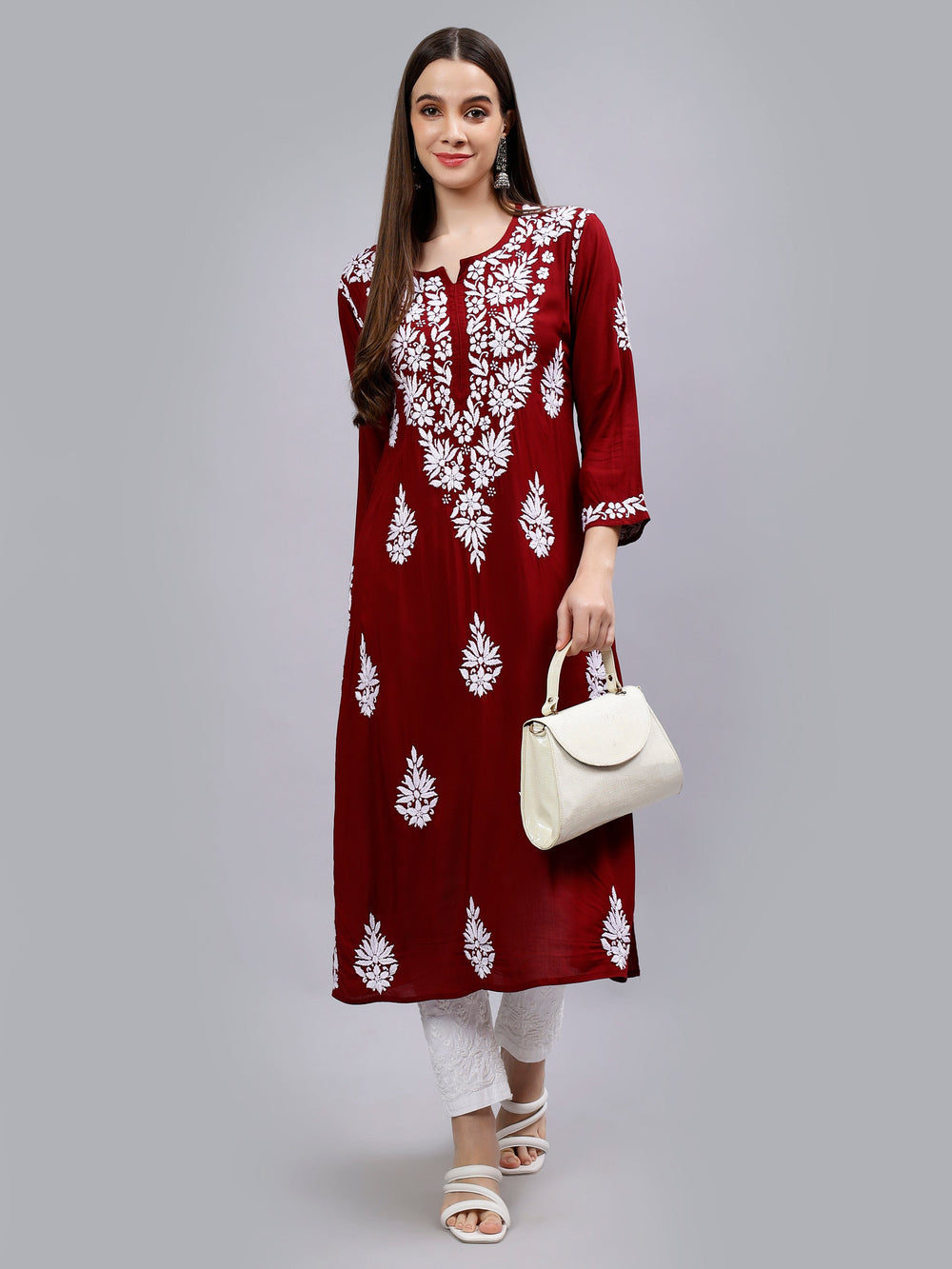 Maroon-Modal-Hand-Embroidered-Chikankari-Kurta