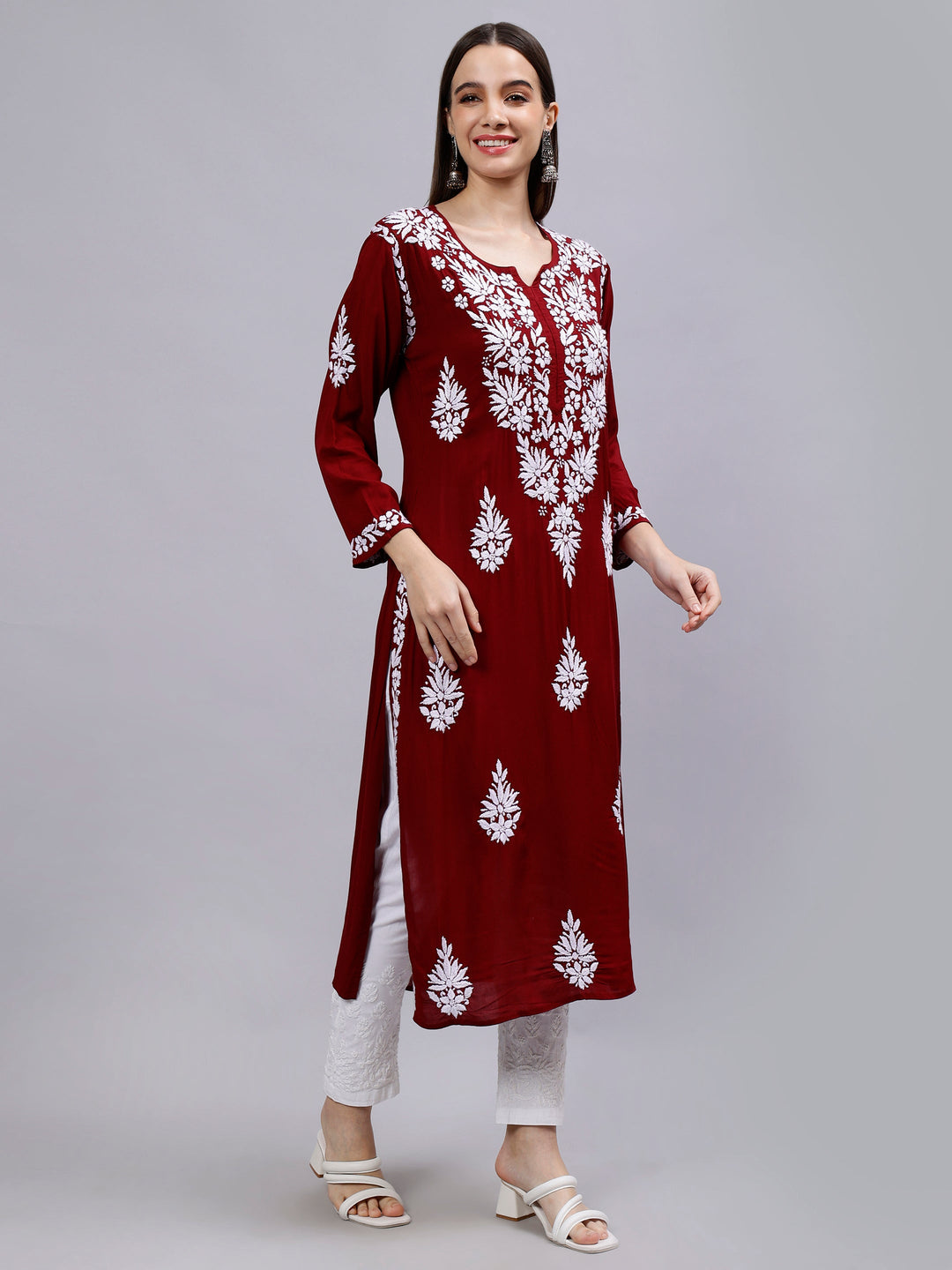 Maroon-Modal-Hand-Embroidered-Chikankari-Kurta