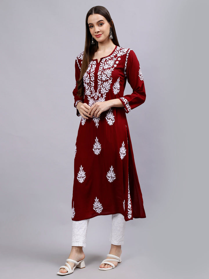 Maroon-Modal-Hand-Embroidered-Chikankari-Kurta