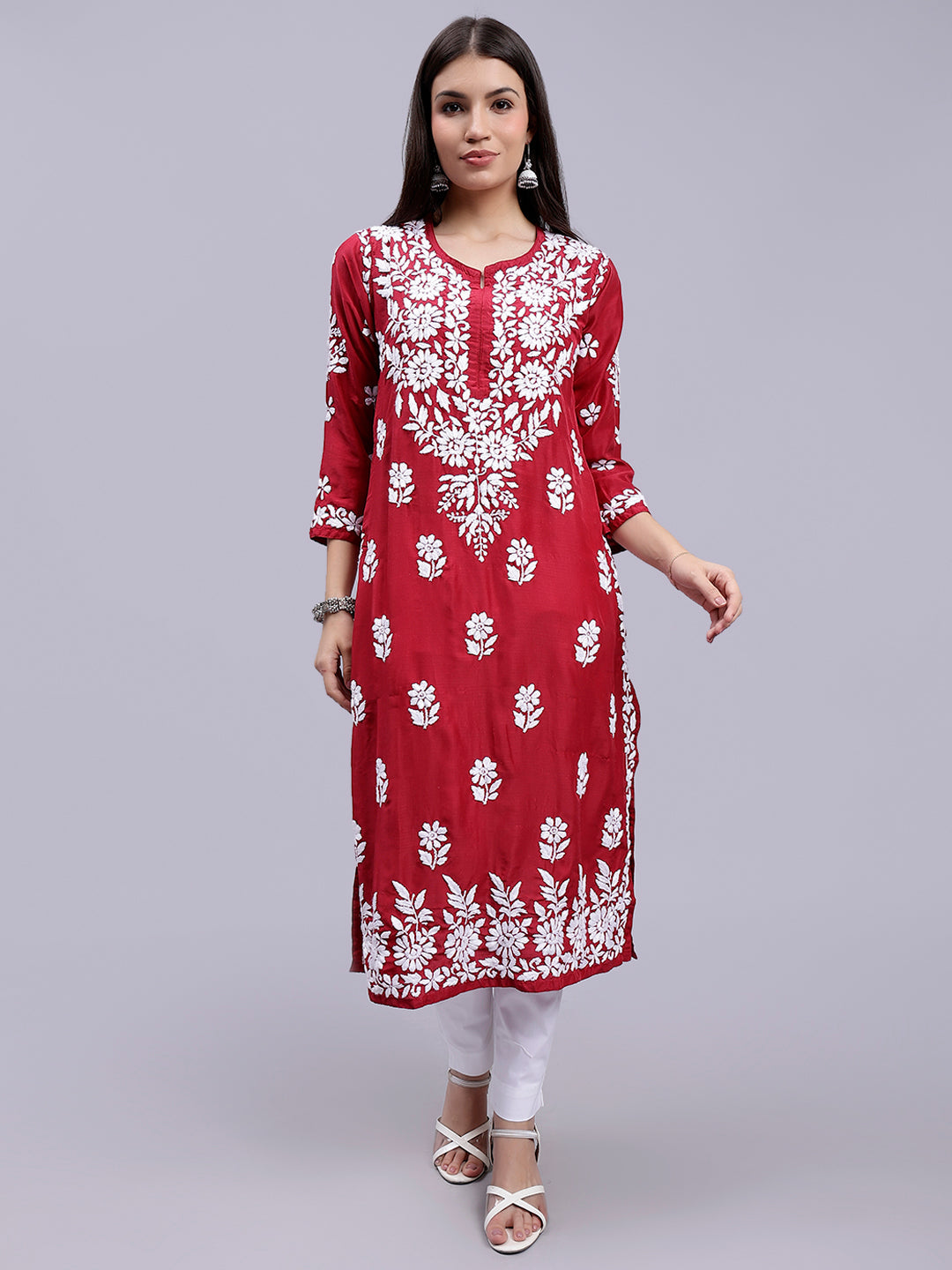 Maroon Muslin Handwoven Chikankari Kurti