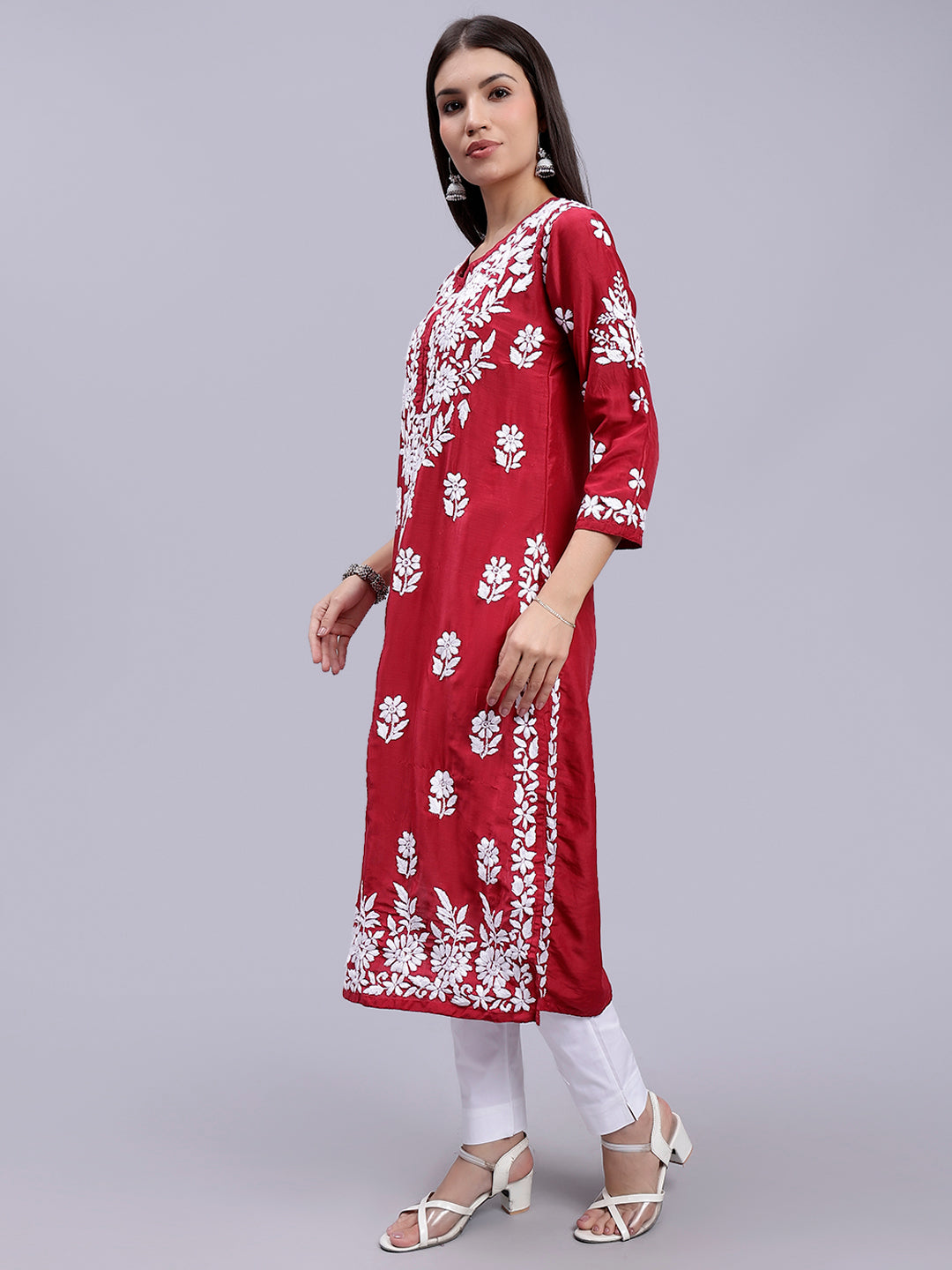 Maroon Muslin Handwoven Chikankari Kurti