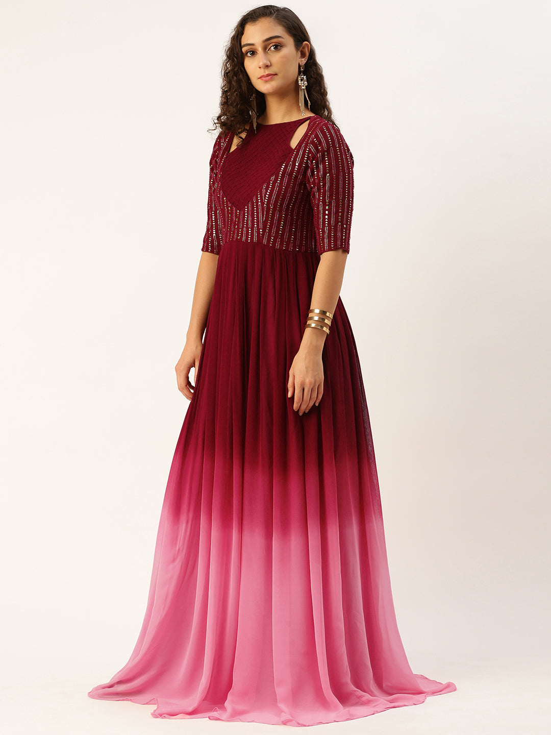 Maroon Ombre Sequin Embroidered Long Flowy Dress