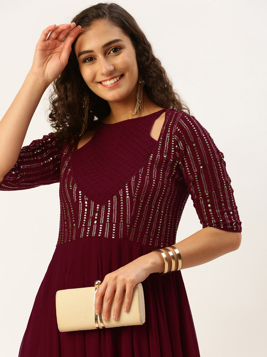 Maroon Ombre Sequin Embroidered Long Flowy Dress