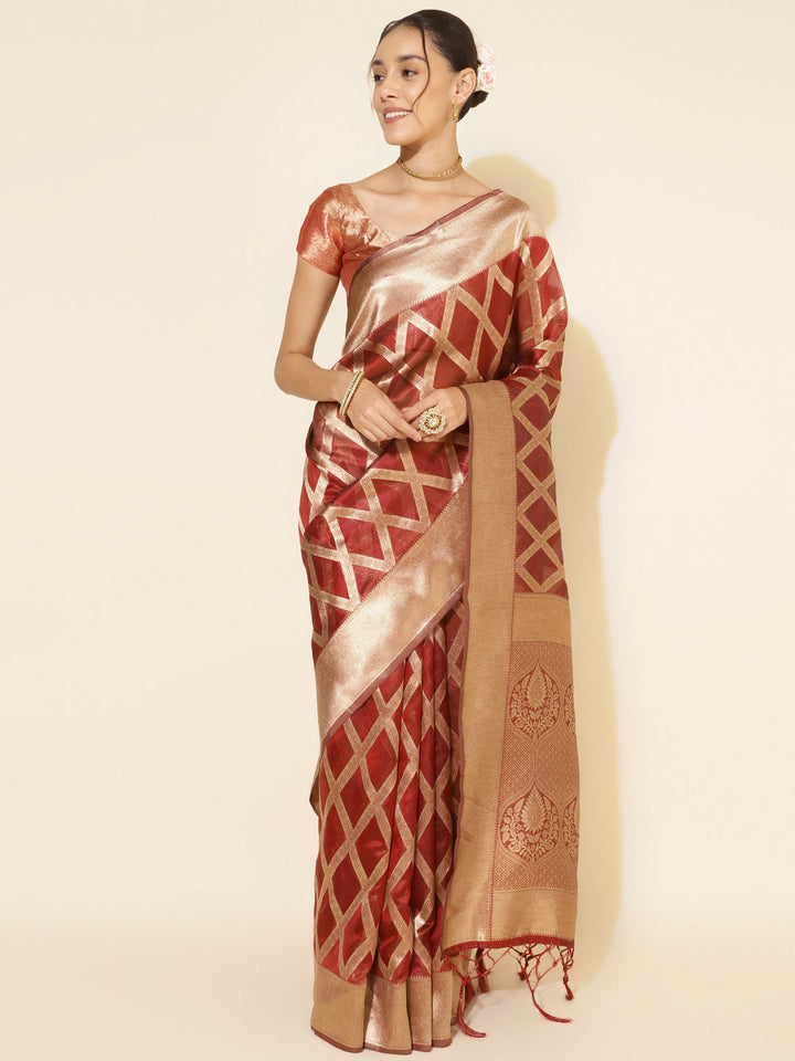 Maroon Organza Floral Woven Designed Festive Saree