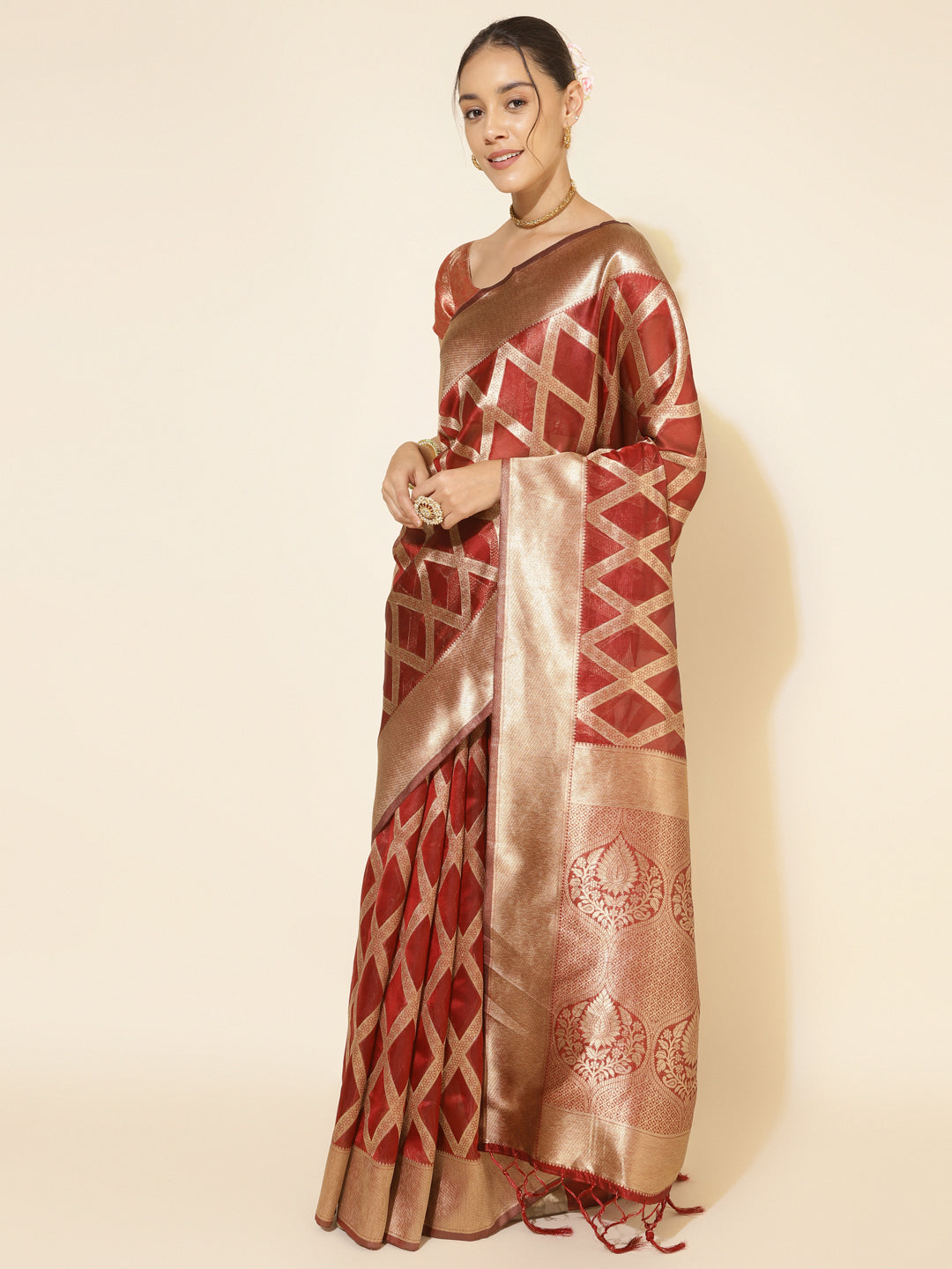 Maroon Organza Floral Woven Designed Festive Saree