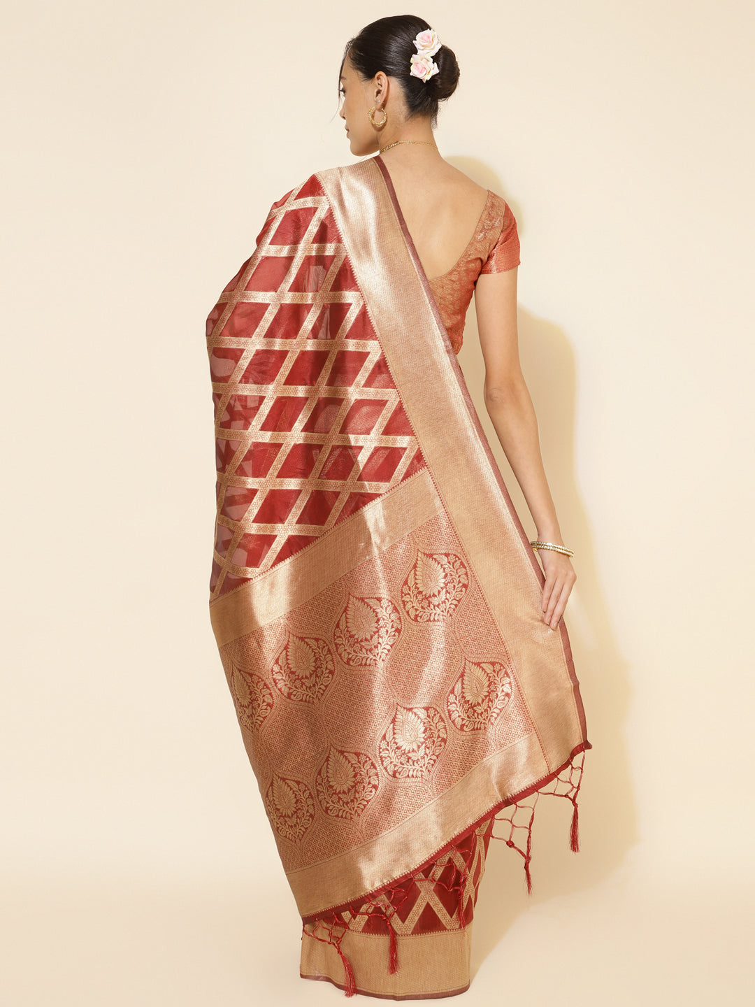 Maroon Organza Floral Woven Designed Festive Saree