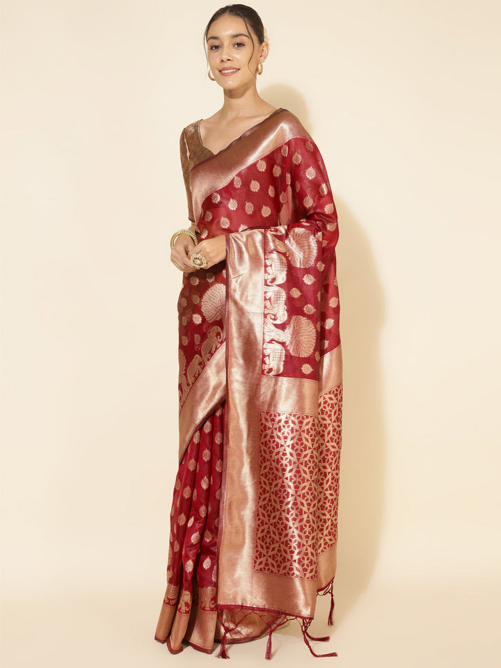 Maroon Organza Motif Woven Kanjeevaram Saree