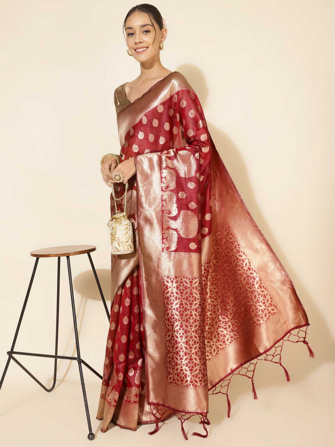 Maroon Organza Motif Woven Kanjeevaram Saree