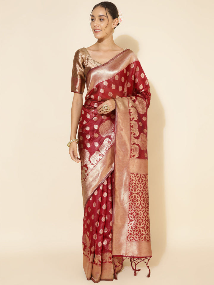 Maroon Organza Motif Woven Kanjeevaram Saree