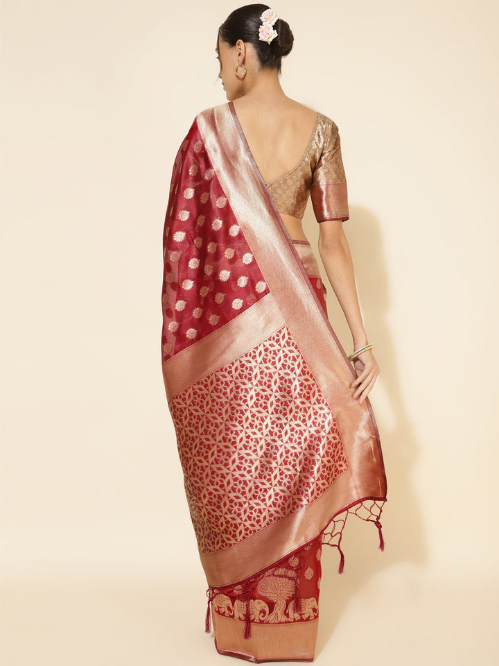 Maroon Organza Motif Woven Kanjeevaram Saree