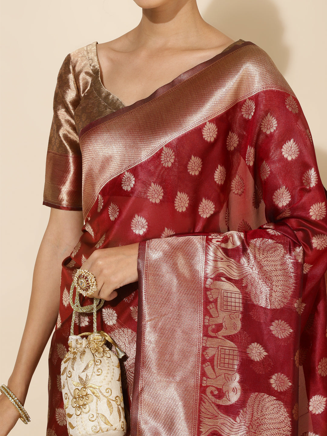 Maroon Organza Motif Woven Kanjeevaram Saree