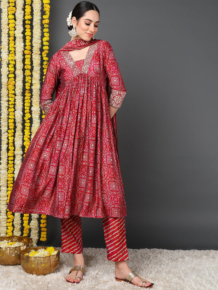 Maroon Polyester Ethnic Motifs Printed Flared Kurta Trouser With Dupatta