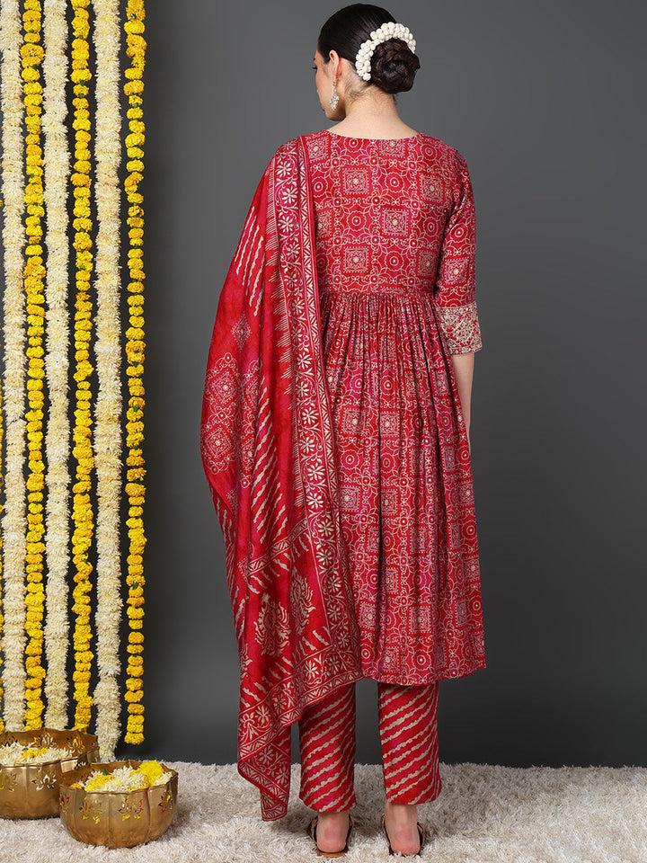 ZERESOUQ-Maroon-Polyester-Ethnic-Motifs-Printed-Flared-Kurta-Trouser-With-Dupatta