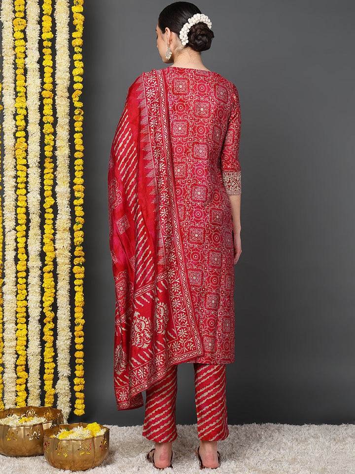 Maroon Polyester Ethnic Motifs Printed Straight Kurta Trouser With Dupatta