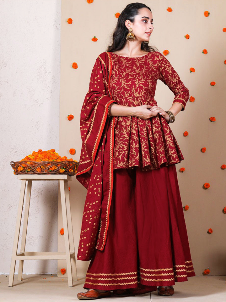 Maroon Printed Kurta Sharara Set With Dupatta