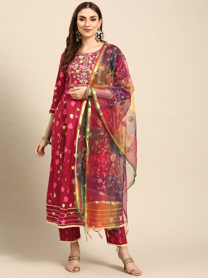Maroon Printed Mirror Work Cotton Kurta Set