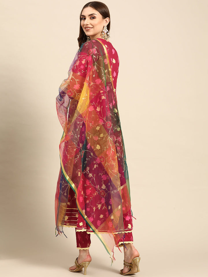 Maroon Printed Mirror Work Cotton Kurta Set