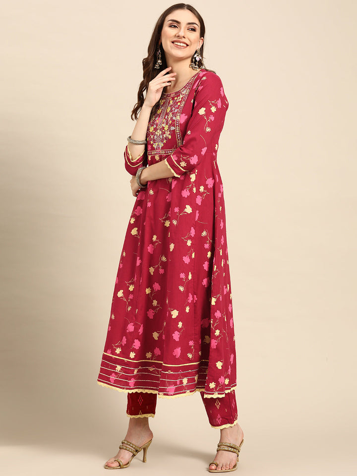 Maroon Printed Mirror Work Cotton Kurta Set