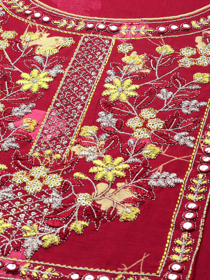 Maroon Printed Mirror Work Cotton Kurta Set