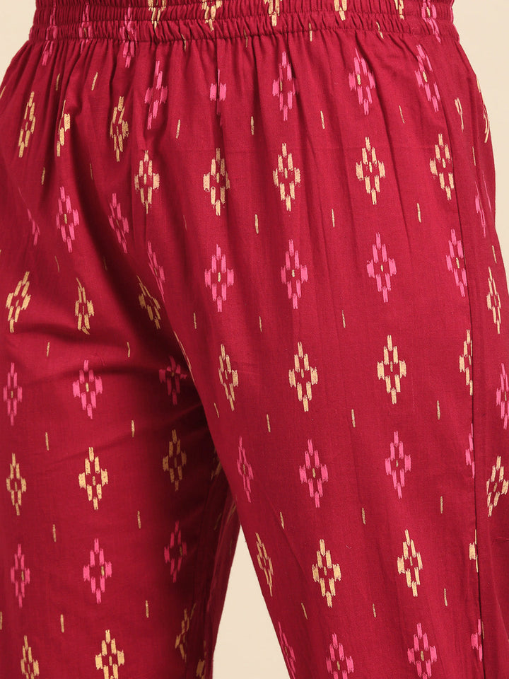 Maroon Printed Mirror Work Cotton Kurta Set